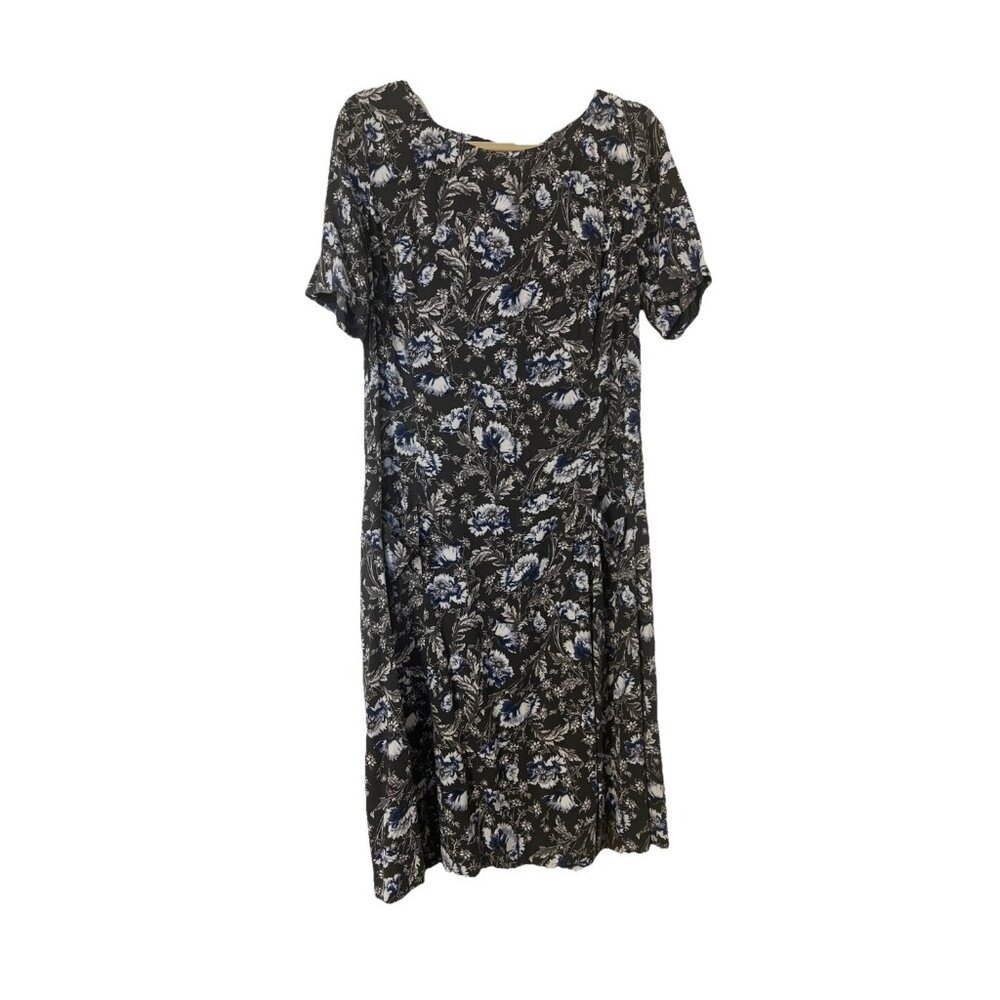 J Jill Gray Blue Floral Shift Dress Sz 12 Pockets Rayon Farmhouse Casual
